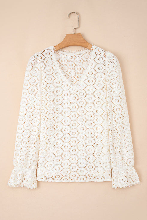 Textured Floral Lace V Neck Ruffle Sleeve Blouse