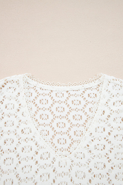 Textured Floral Lace V Neck Ruffle Sleeve Blouse