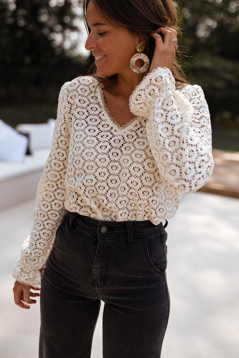 Textured Floral Lace V Neck Ruffle Sleeve Blouse