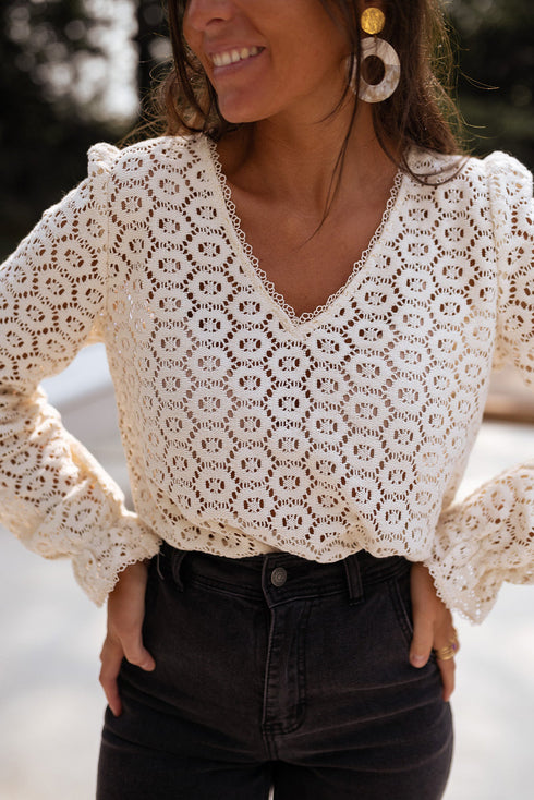 Textured Floral Lace V Neck Ruffle Sleeve Blouse