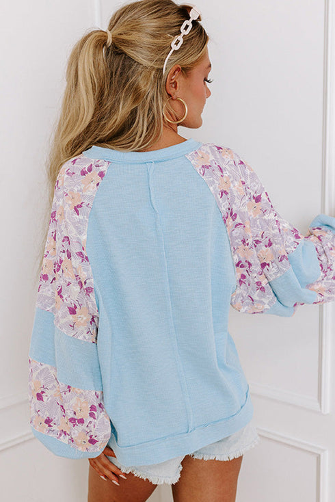 Textured Floral Patchwork Balloon Sleeve Blouse