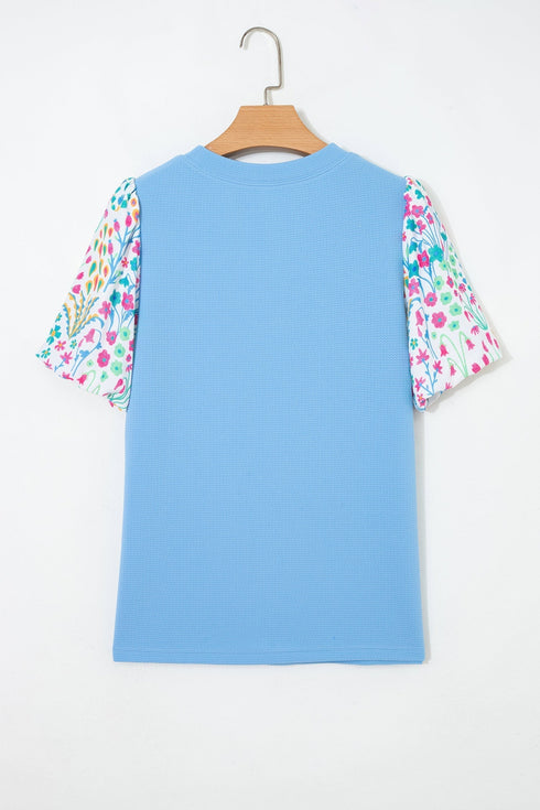 Textured Floral Print Bubble Sleeve Round Neck Blouse