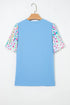Textured Floral Print Bubble Sleeve Round Neck Blouse