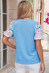 Textured Floral Print Bubble Sleeve Round Neck Blouse