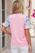 Textured Floral Print Bubble Sleeve Round Neck Blouse