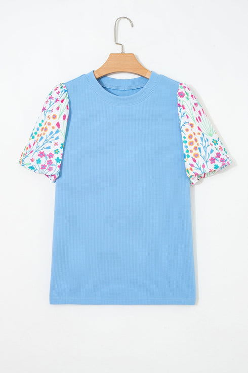Textured Floral Print Bubble Sleeve Round Neck Blouse