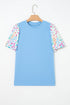 Textured Floral Print Bubble Sleeve Round Neck Blouse