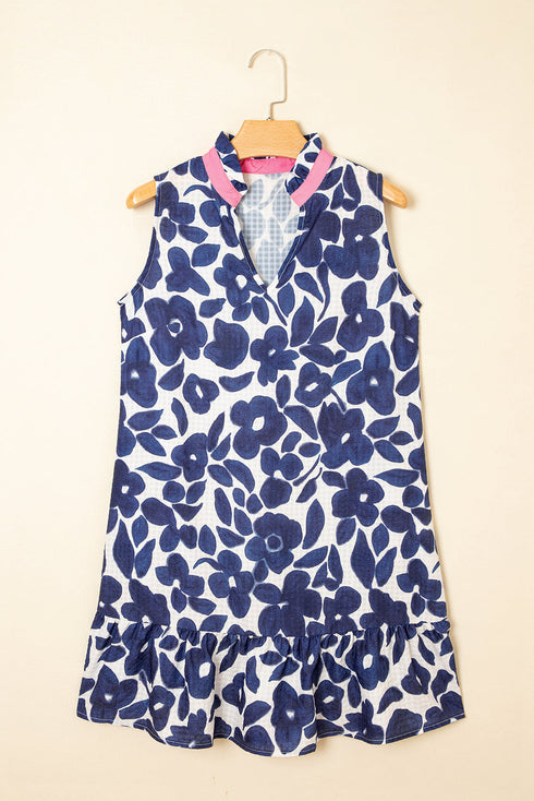 Textured Floral Print Sleeveless Notched V Neck Mini Dress