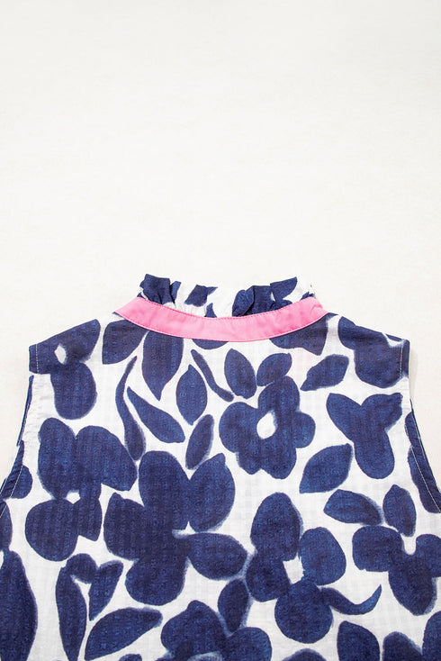 Textured Floral Print Sleeveless Notched V Neck Mini Dress
