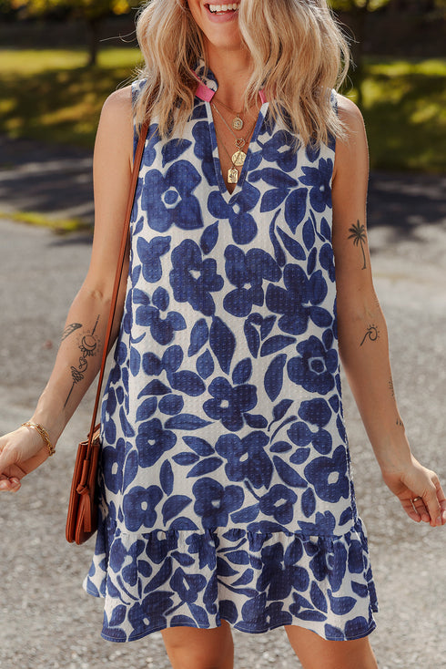 Textured Floral Print Sleeveless Notched V Neck Mini Dress