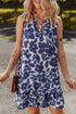 Textured Floral Print Sleeveless Notched V Neck Mini Dress