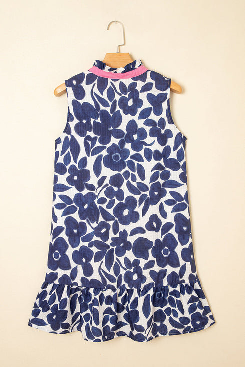 Textured Floral Print Sleeveless Notched V Neck Mini Dress