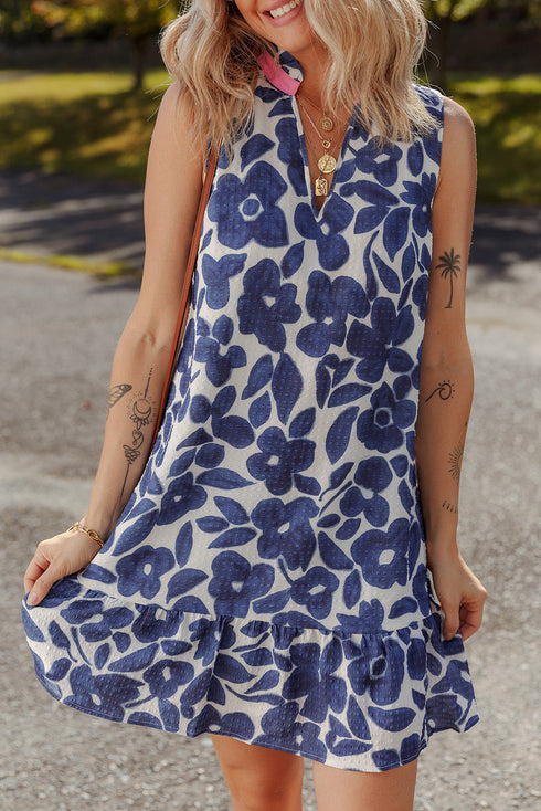 Textured Floral Print Sleeveless Notched V Neck Mini Dress