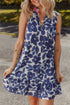 Textured Floral Print Sleeveless Notched V Neck Mini Dress