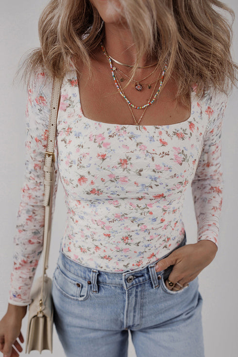 Textured Floral Print Square Neck Long Sleeve Top