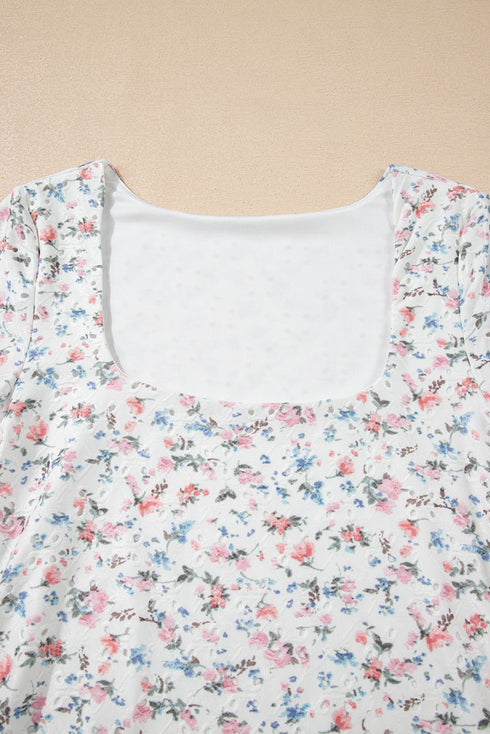 Textured Floral Print Square Neck Long Sleeve Top