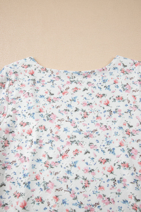 Textured Floral Print Square Neck Long Sleeve Top