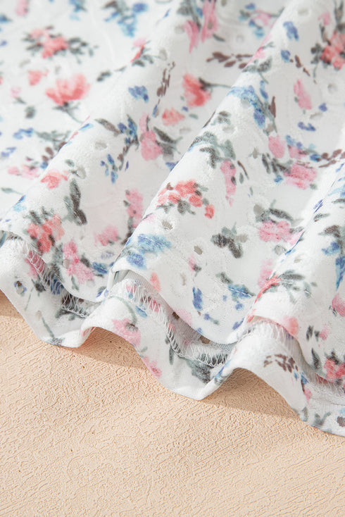 Textured Floral Print Square Neck Long Sleeve Top