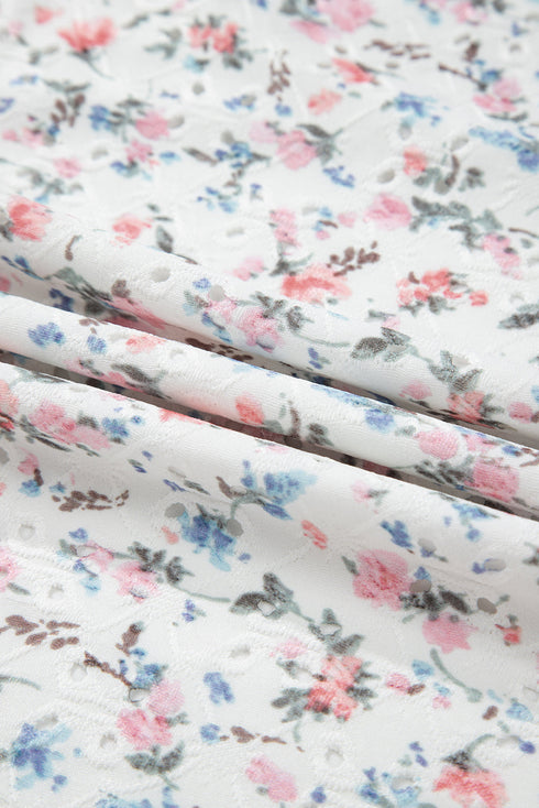Textured Floral Print Square Neck Long Sleeve Top