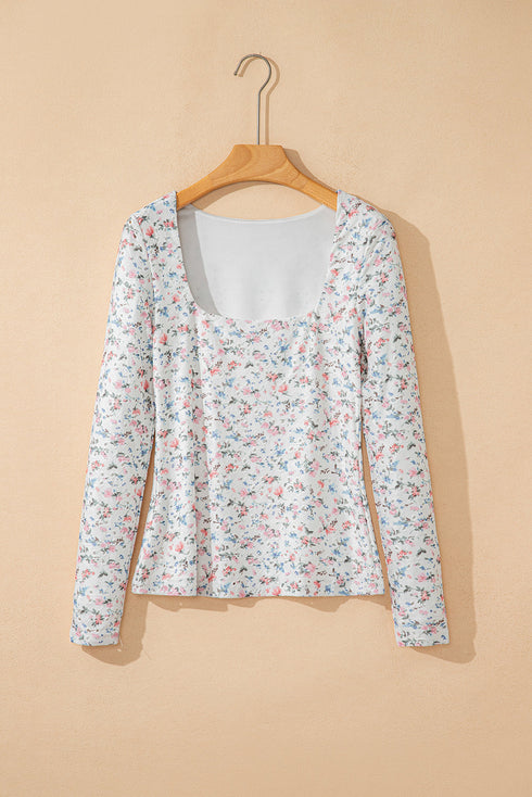 Textured Floral Print Square Neck Long Sleeve Top