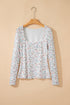 Textured Floral Print Square Neck Long Sleeve Top