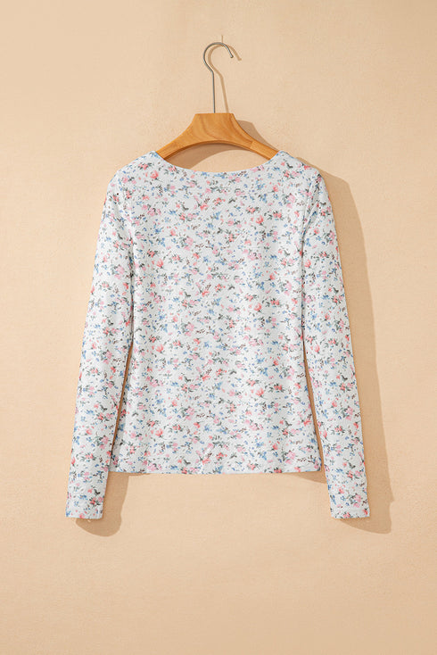 Textured Floral Print Square Neck Long Sleeve Top