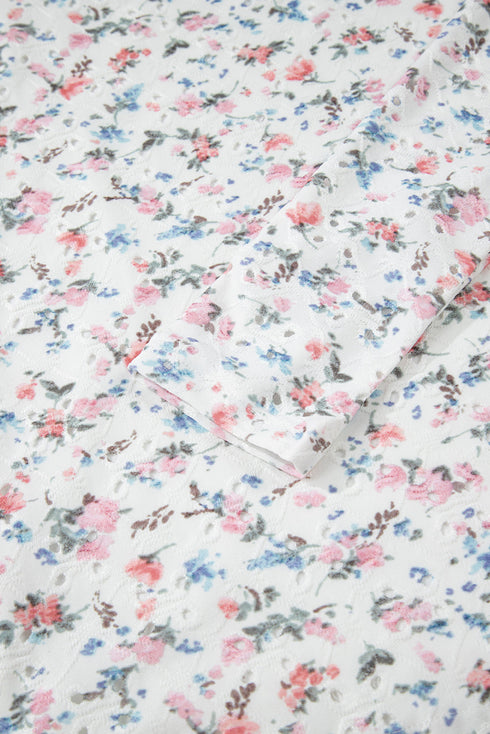 Textured Floral Print Square Neck Long Sleeve Top