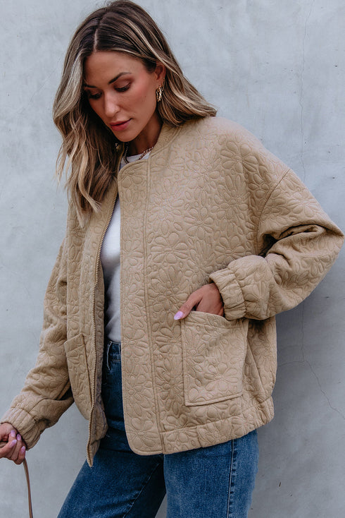 Textured Floral Quilted Woven Stretch Outerwear Jacket