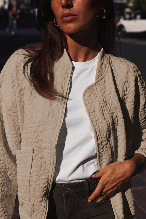 Textured Floral Quilted Woven Stretch Outerwear Jacket