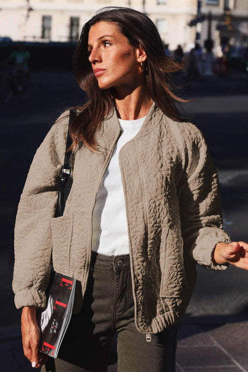 Textured Floral Quilted Woven Stretch Outerwear Jacket