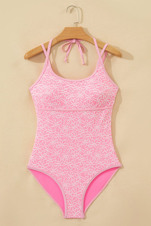 Textured Floral Scoop Neck Double Strap Bodysuit