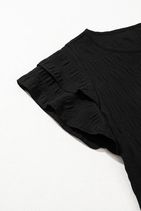 Textured Flutter Sleeve Crew Neck Elegant Top