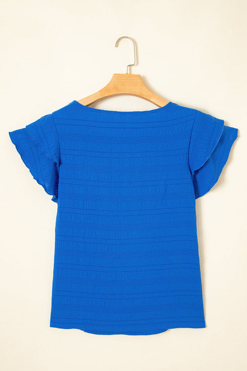 Textured Flutter Sleeve Crew Neck Elegant Top