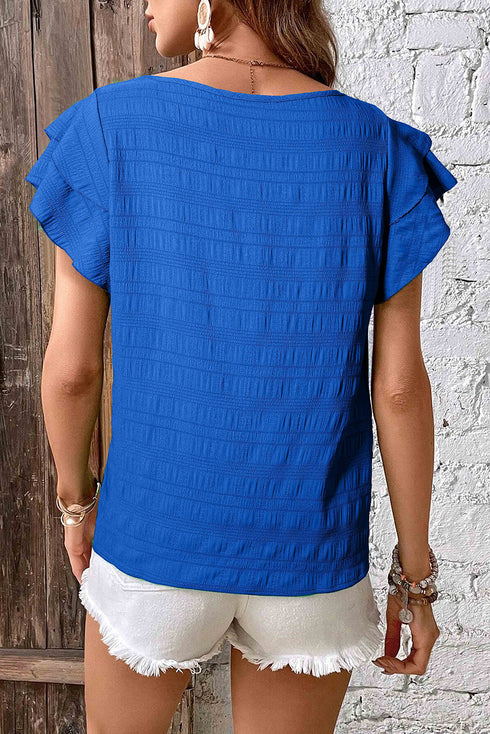Textured Flutter Sleeve Crew Neck Elegant Top