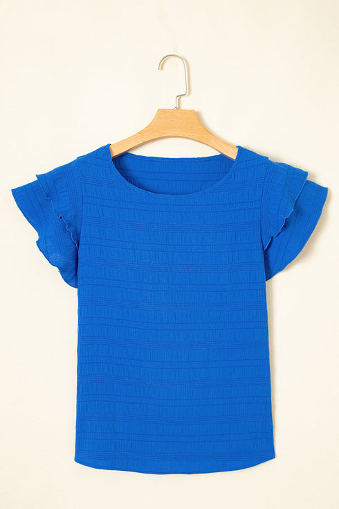 Textured Flutter Sleeve Crew Neck Elegant Top
