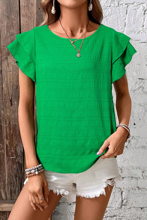 Textured Flutter Sleeve Crew Neck Elegant Top