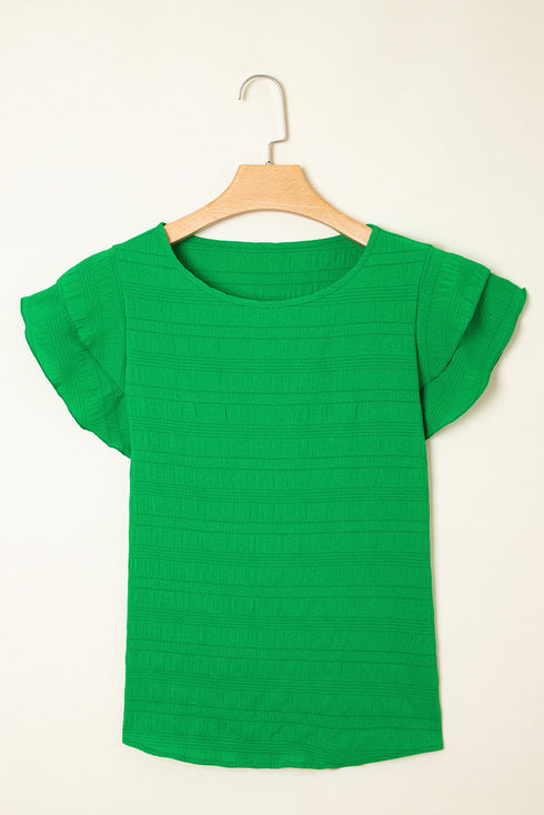 Textured Flutter Sleeve Crew Neck Elegant Top