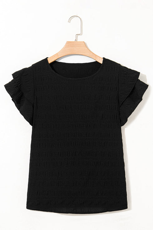 Textured Flutter Sleeve Crew Neck Elegant Top