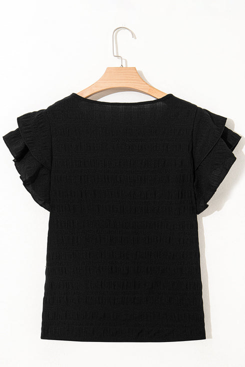 Textured Flutter Sleeve Crew Neck Elegant Top