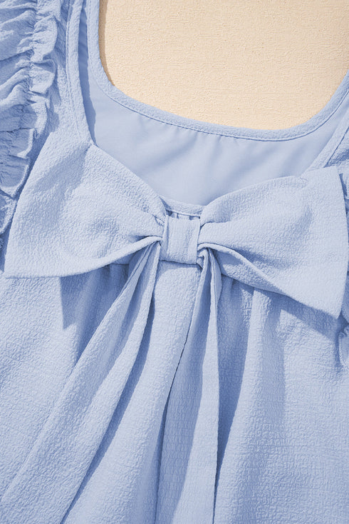Textured Flutter Sleeve Square Neck Bow Back Mini Dress