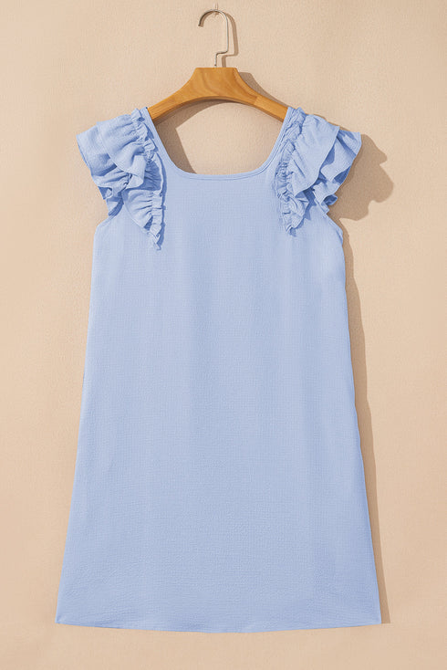 Textured Flutter Sleeve Square Neck Bow Back Mini Dress