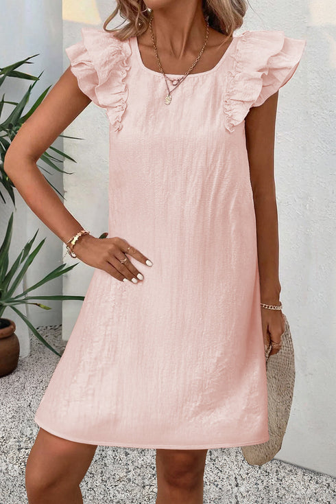 Textured Flutter Sleeve Square Neck Bow Back Mini Dress
