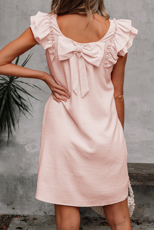 Textured Flutter Sleeve Square Neck Bow Back Mini Dress