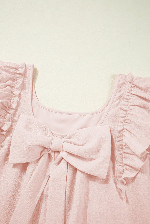 Textured Flutter Sleeve Square Neck Bow Back Mini Dress