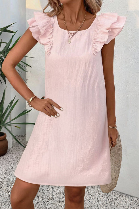 Textured Flutter Sleeve Square Neck Bow Back Mini Dress