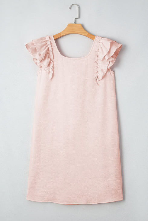 Textured Flutter Sleeve Square Neck Bow Back Mini Dress