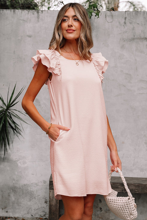 Textured Flutter Sleeve Square Neck Bow Back Mini Dress