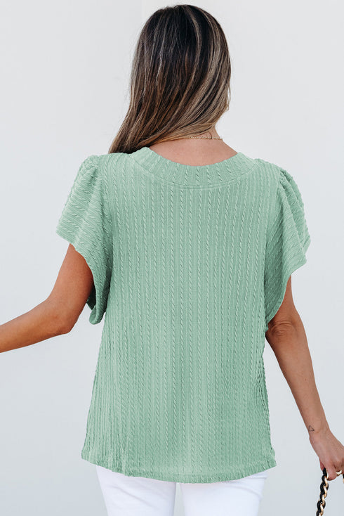 Textured Flutter Sleeve V Neck Relaxed Fit Blouse