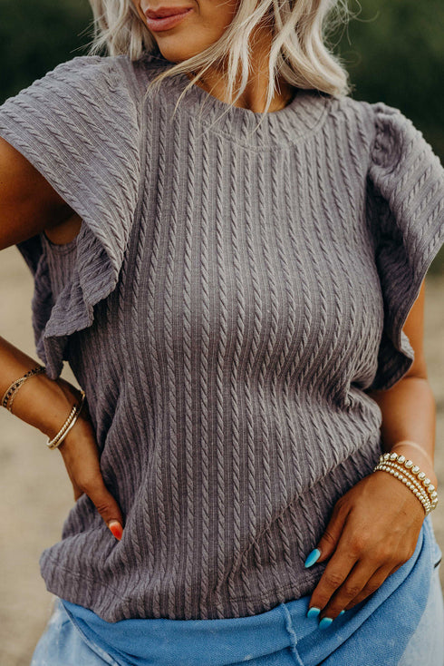 Textured Flutter Sleeve V Neck Relaxed Fit Blouse
