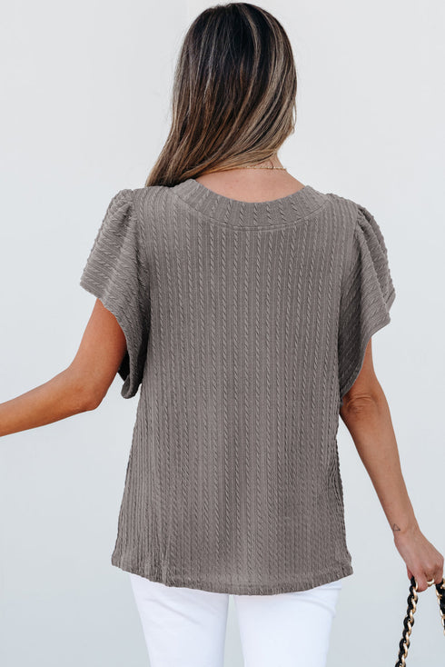 Textured Flutter Sleeve V Neck Relaxed Fit Blouse